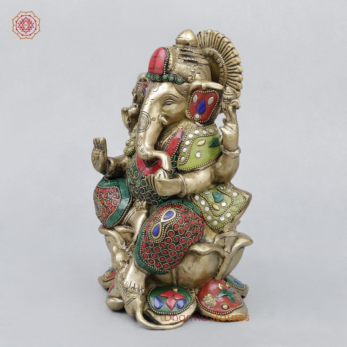 Brass Ganesh Seated On Lotus, Stone work 10”