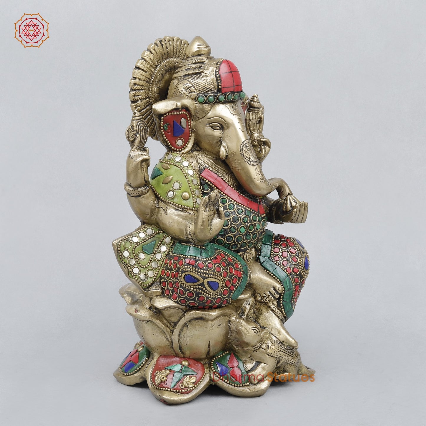 Brass Ganesh Seated On Lotus, Stone work 10”