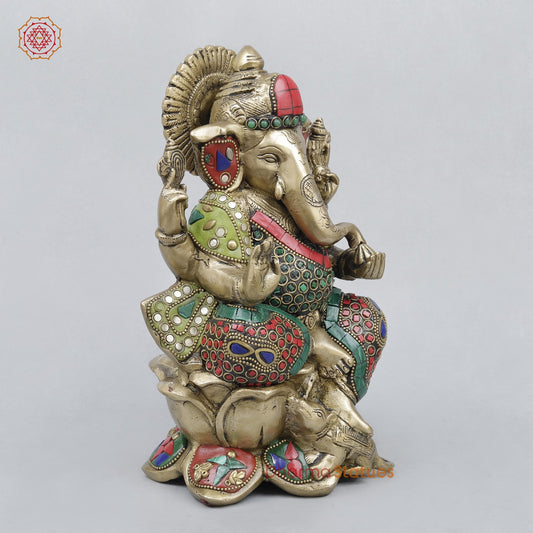 Brass Ganesh Seated On Lotus, Stone work 10”
