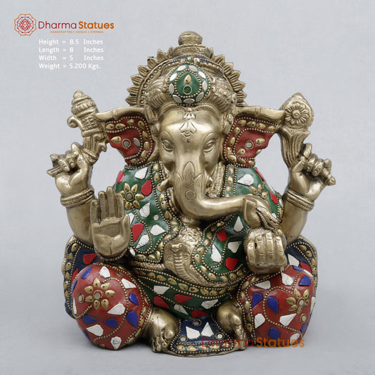 Brass Ganesh Seated Fine, Stone work 8.5”