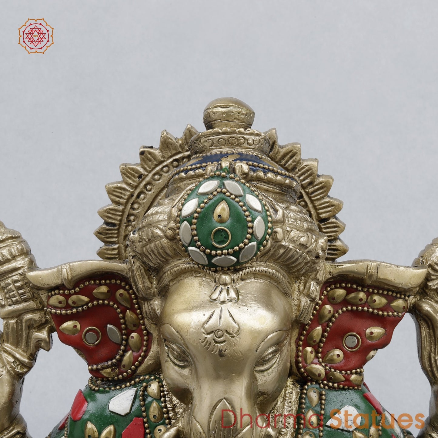 Brass Ganesh Seated Fine, Stone work 8.5”