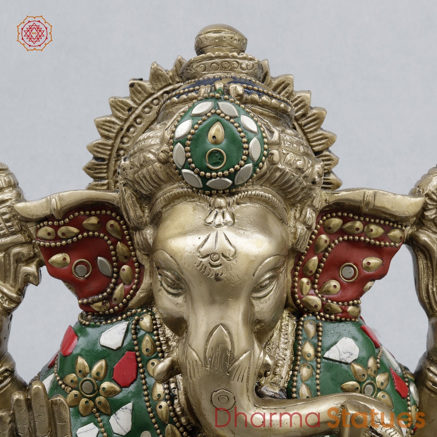 Brass Ganesh Seated Fine, Stone work 8.5”
