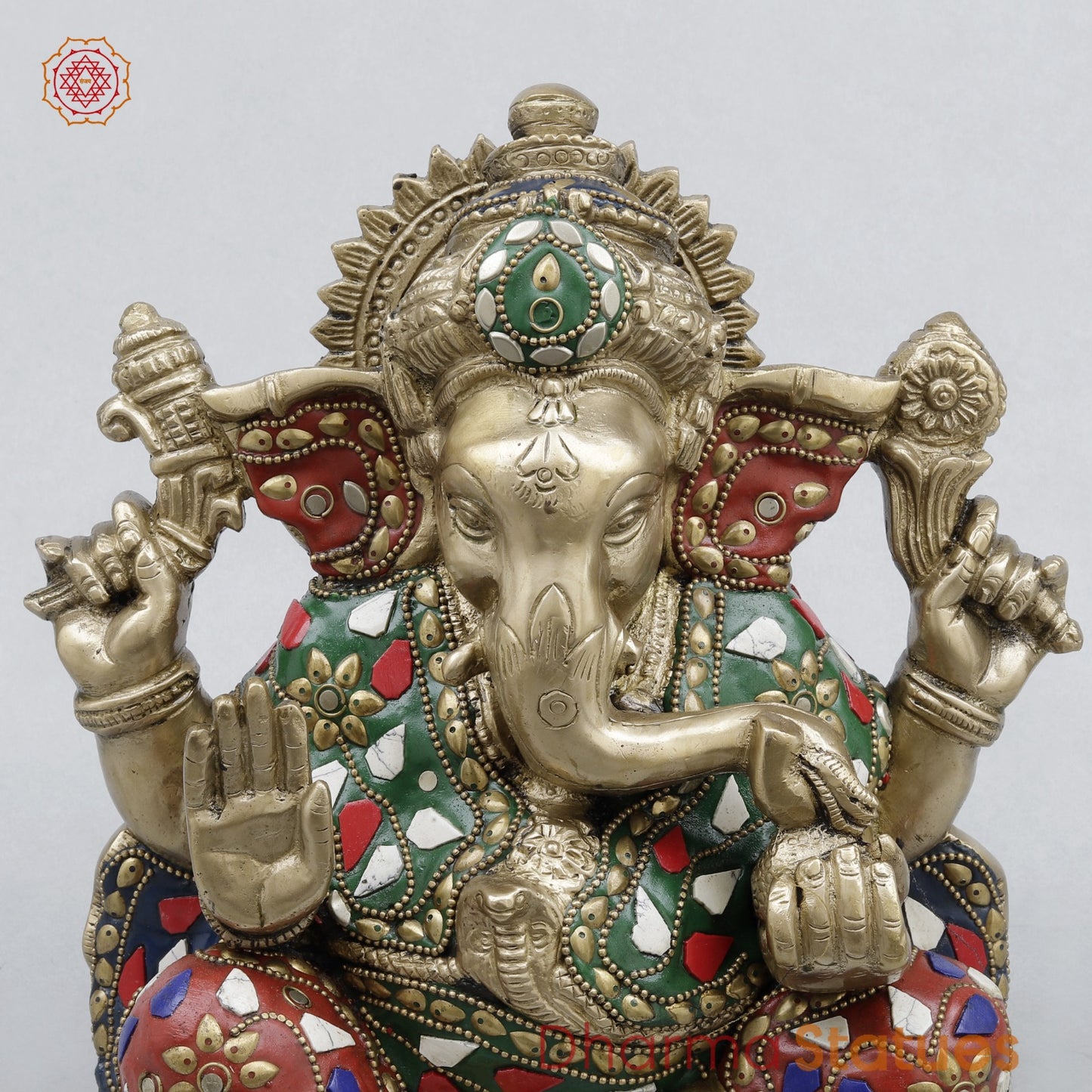 Brass Ganesh Seated Fine, Stone work 8.5”