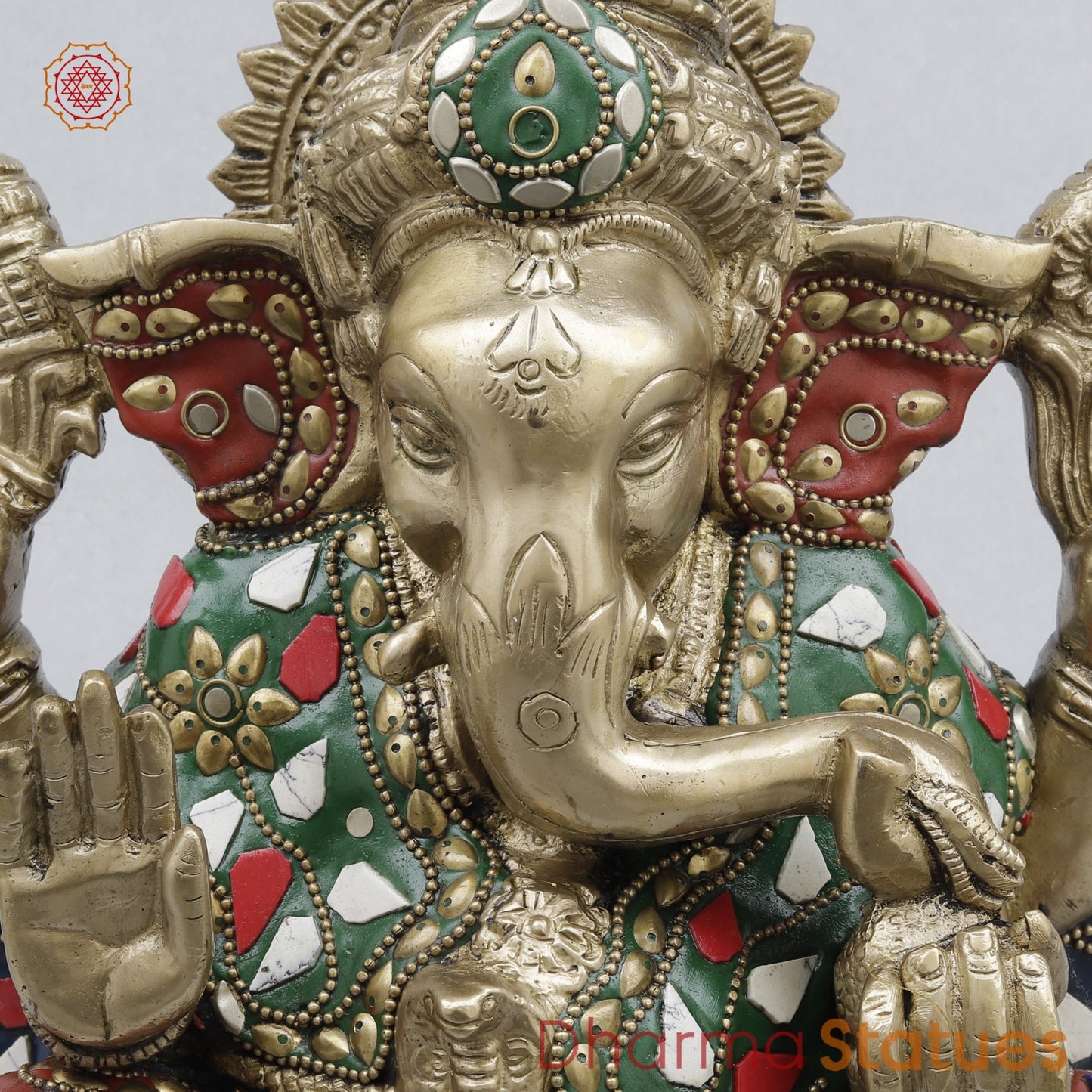 Brass Ganesh Seated Fine, Stone work 8.5”