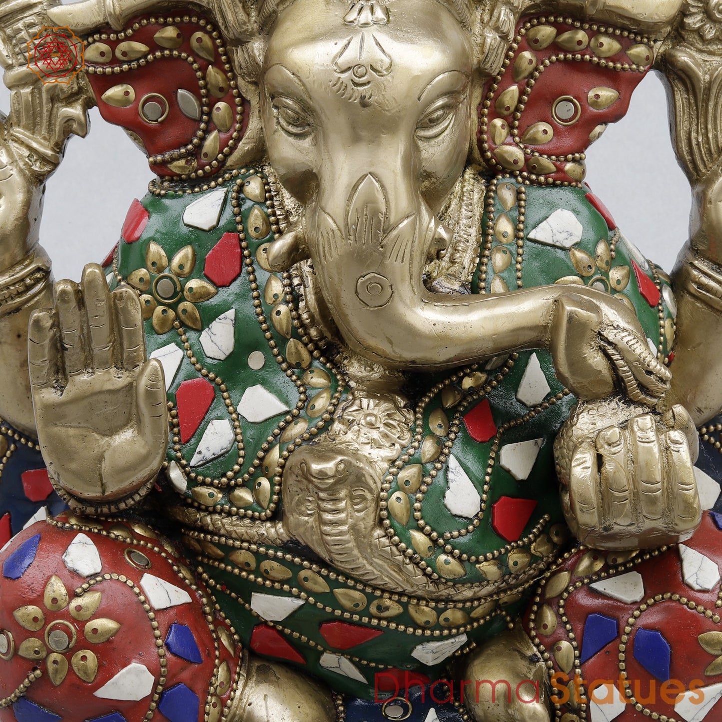 Brass Ganesh Seated Fine, Stone work 8.5”
