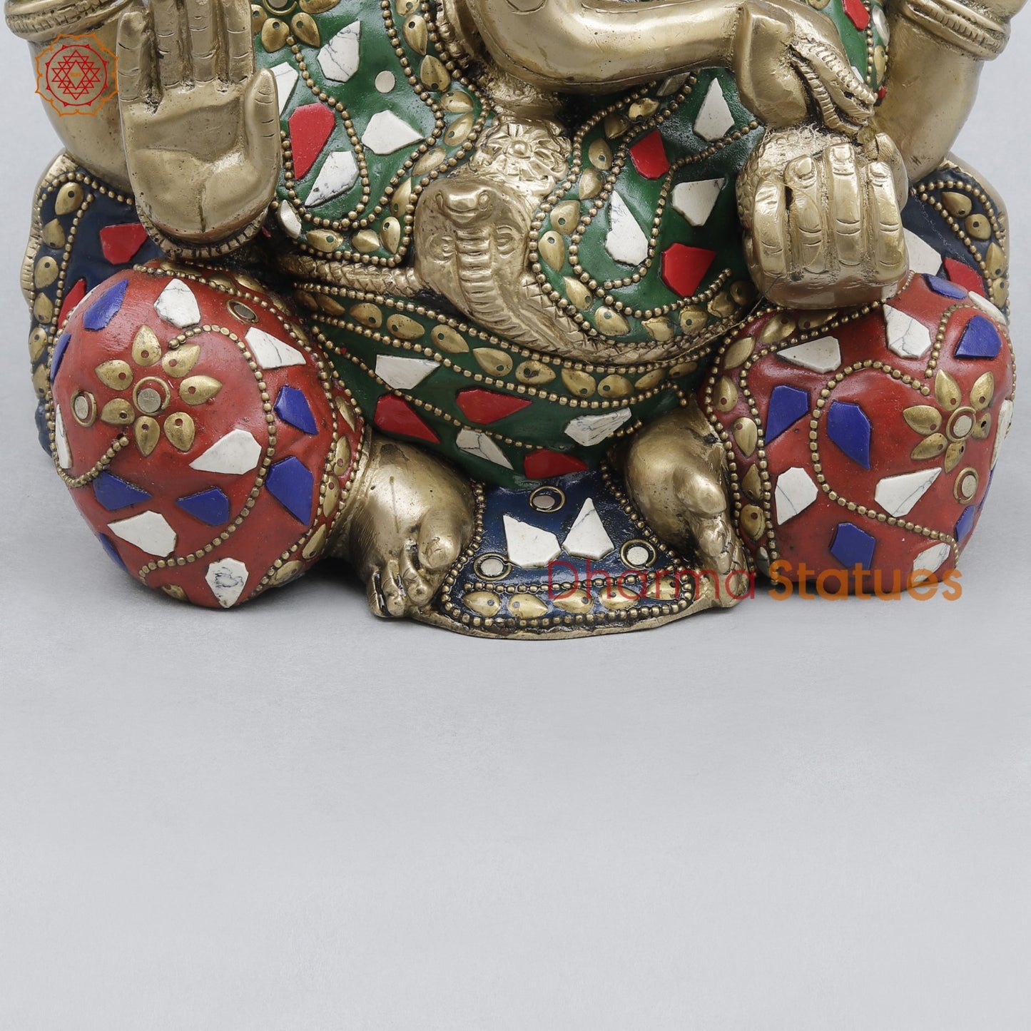 Brass Ganesh Seated Fine, Stone work 8.5”