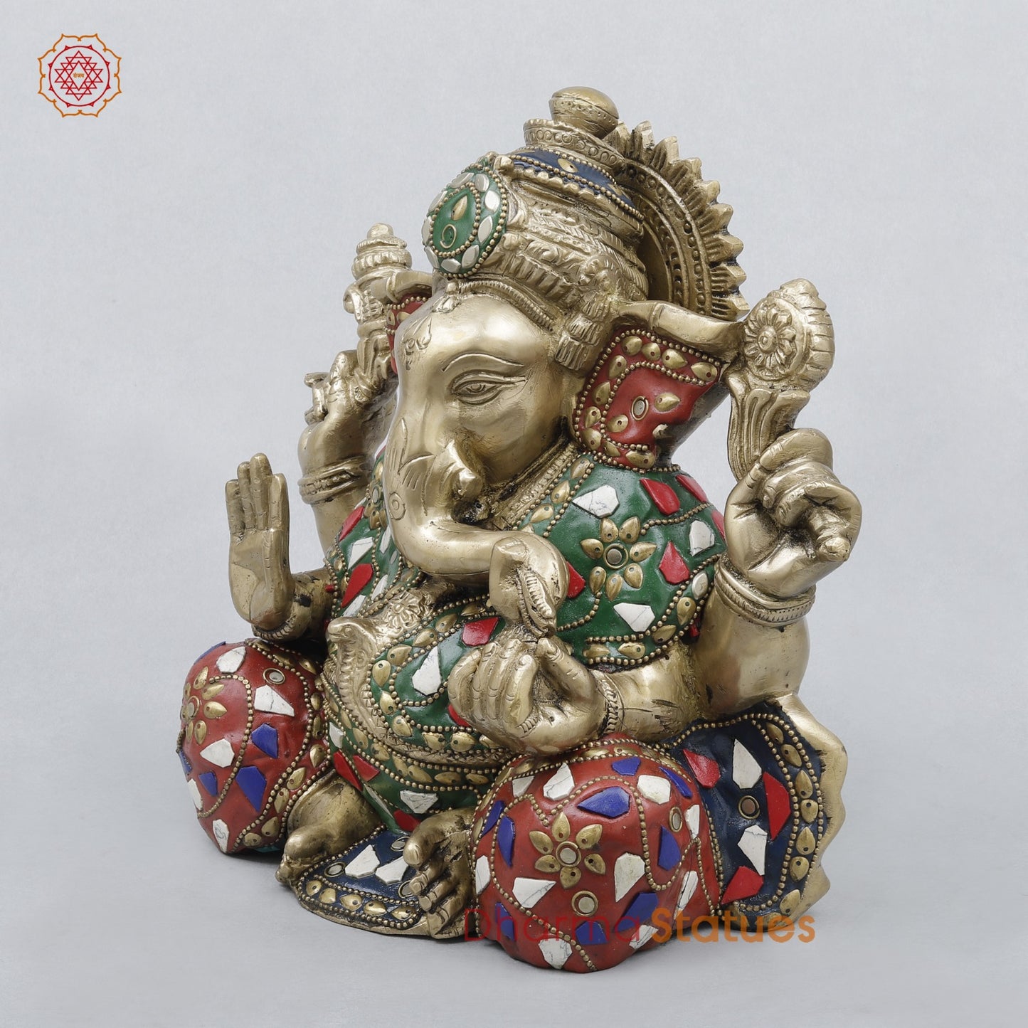 Brass Ganesh Seated Fine, Stone work 8.5”