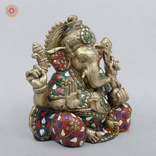 Brass Ganesh Seated Fine, Stone work 8.5”