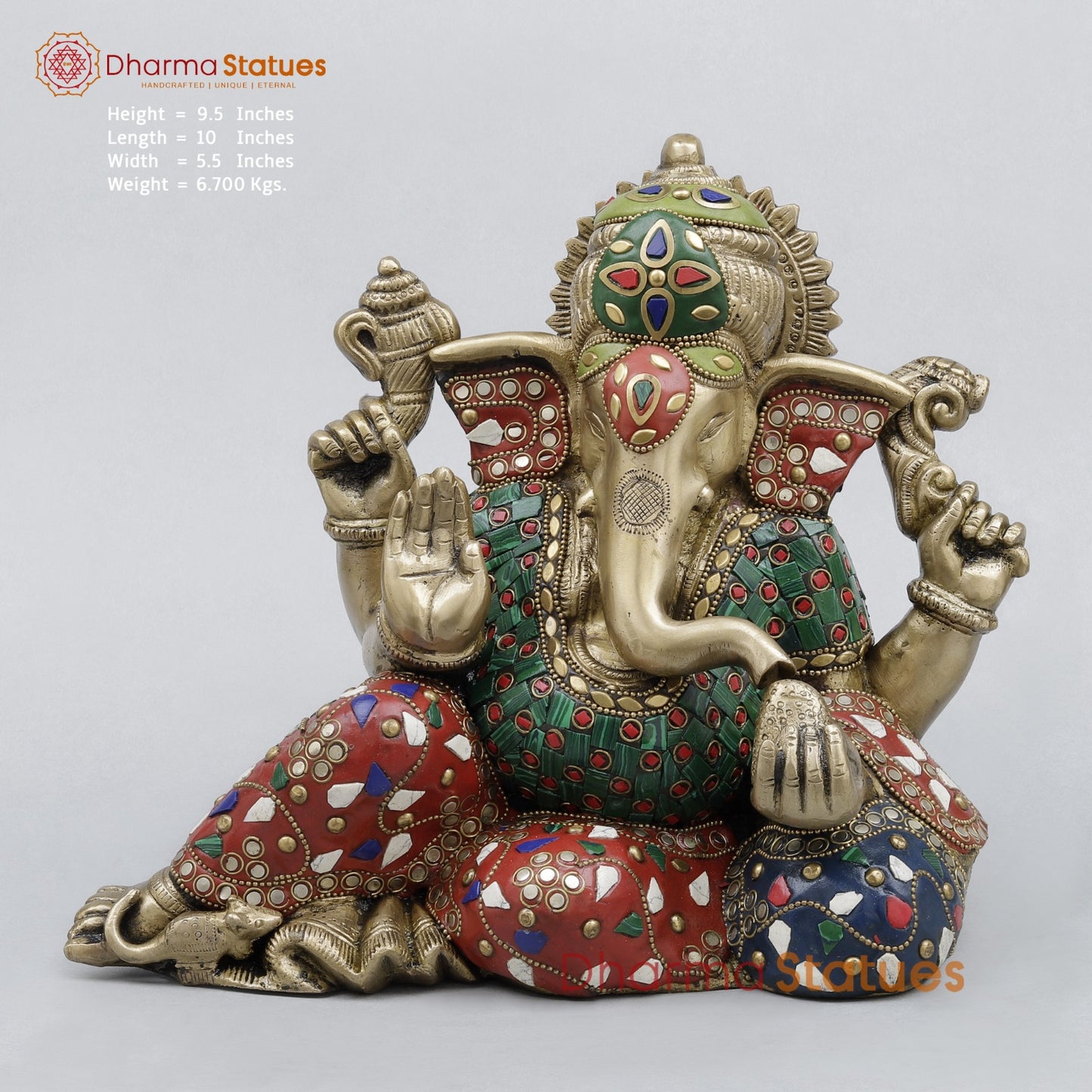 Brass Resting Ganesh Fine, Stone Work 9.5”