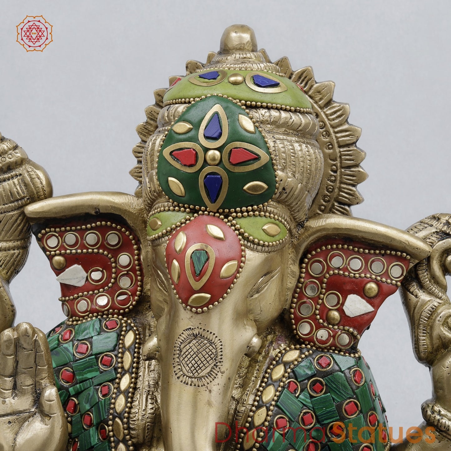 Brass Resting Ganesh Fine, Stone Work 9.5”