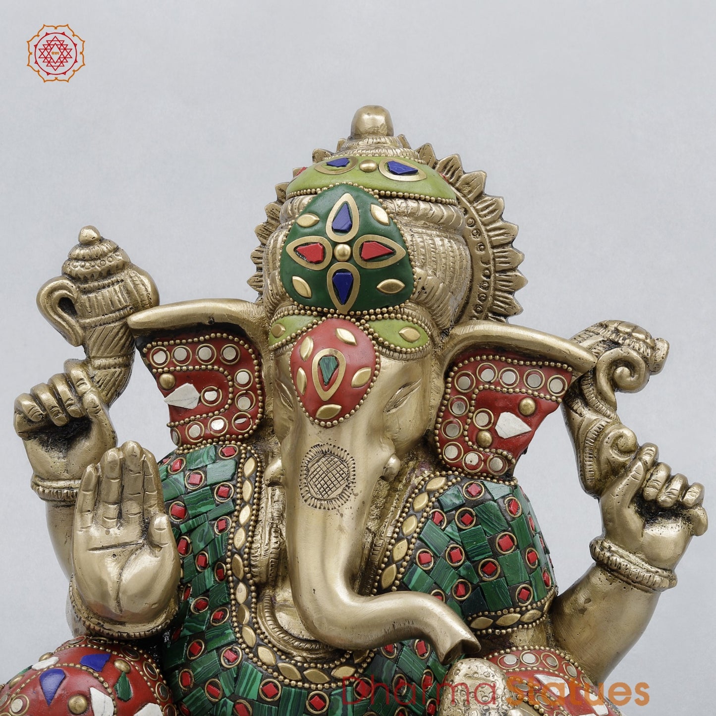 Brass Resting Ganesh Fine, Stone Work 9.5”