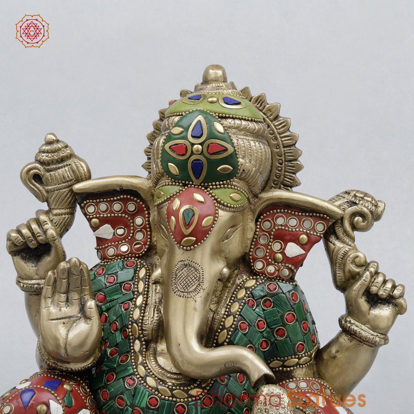 Brass Resting Ganesh Fine, Stone Work 9.5”