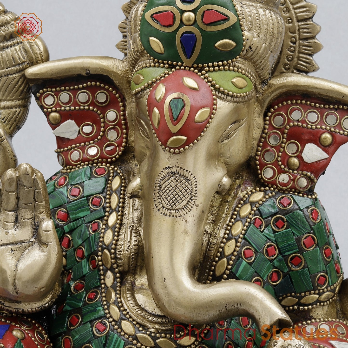 Brass Resting Ganesh Fine, Stone Work 9.5”