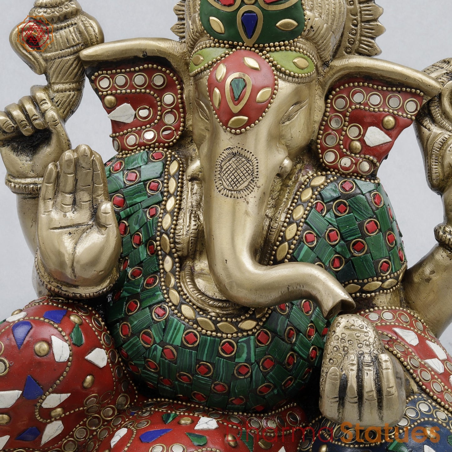 Brass Resting Ganesh Fine, Stone Work 9.5”