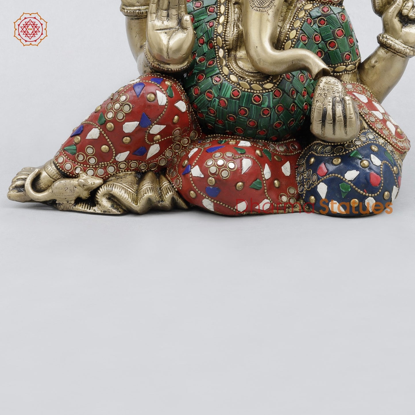 Brass Resting Ganesh Fine, Stone Work 9.5”