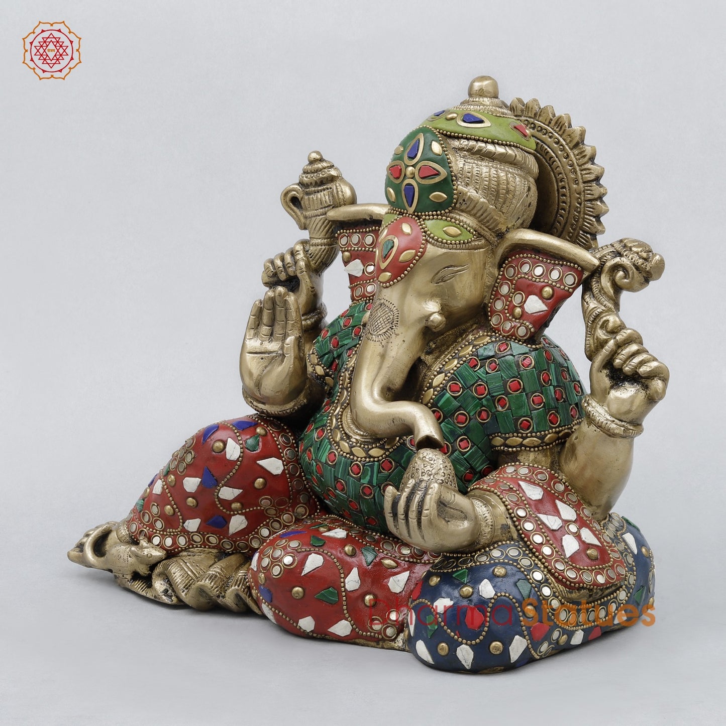 Brass Resting Ganesh Fine, Stone Work 9.5”