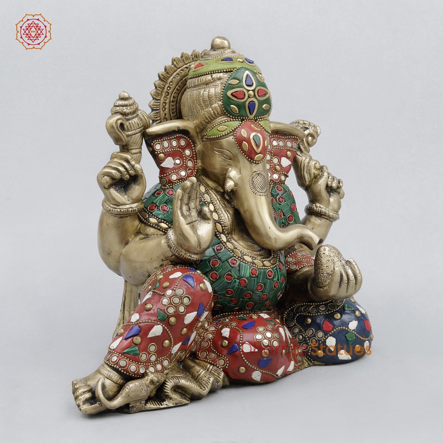 Brass Resting Ganesh Fine, Stone Work 9.5”