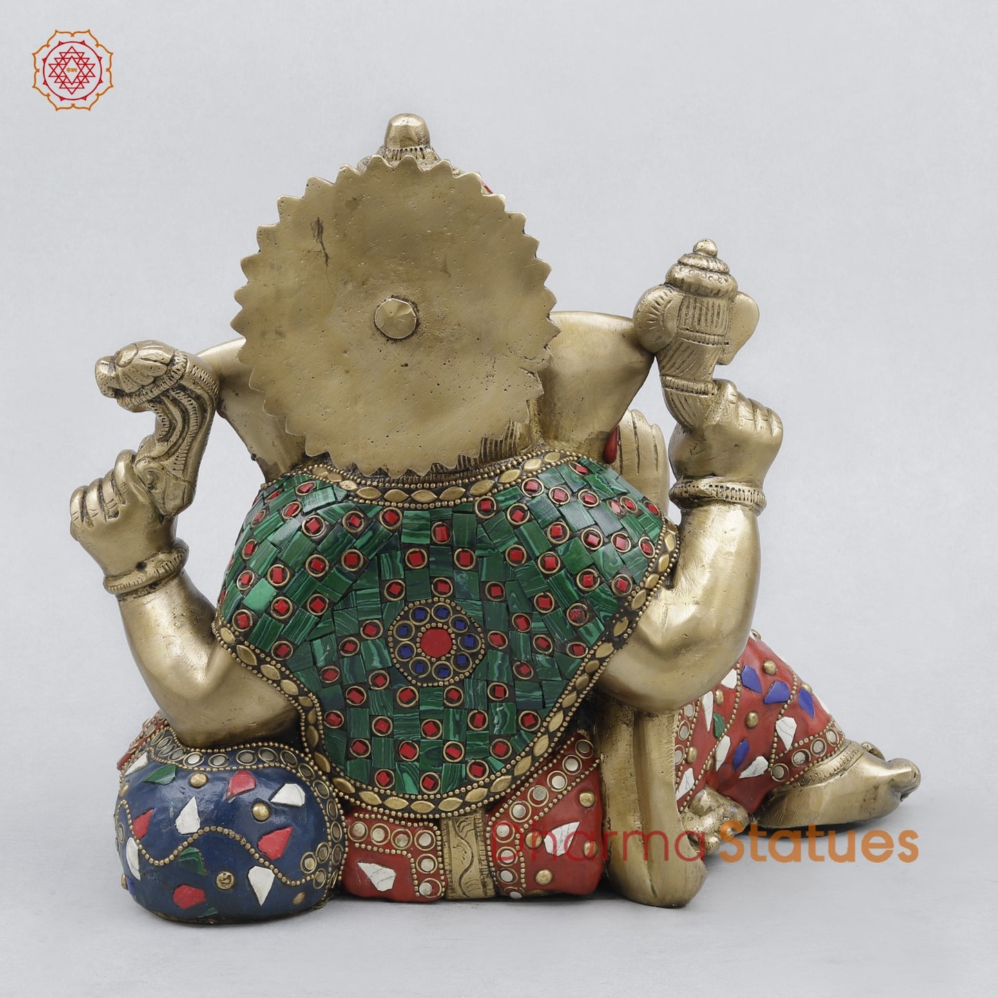 Brass Resting Ganesh Fine, Stone Work 9.5”