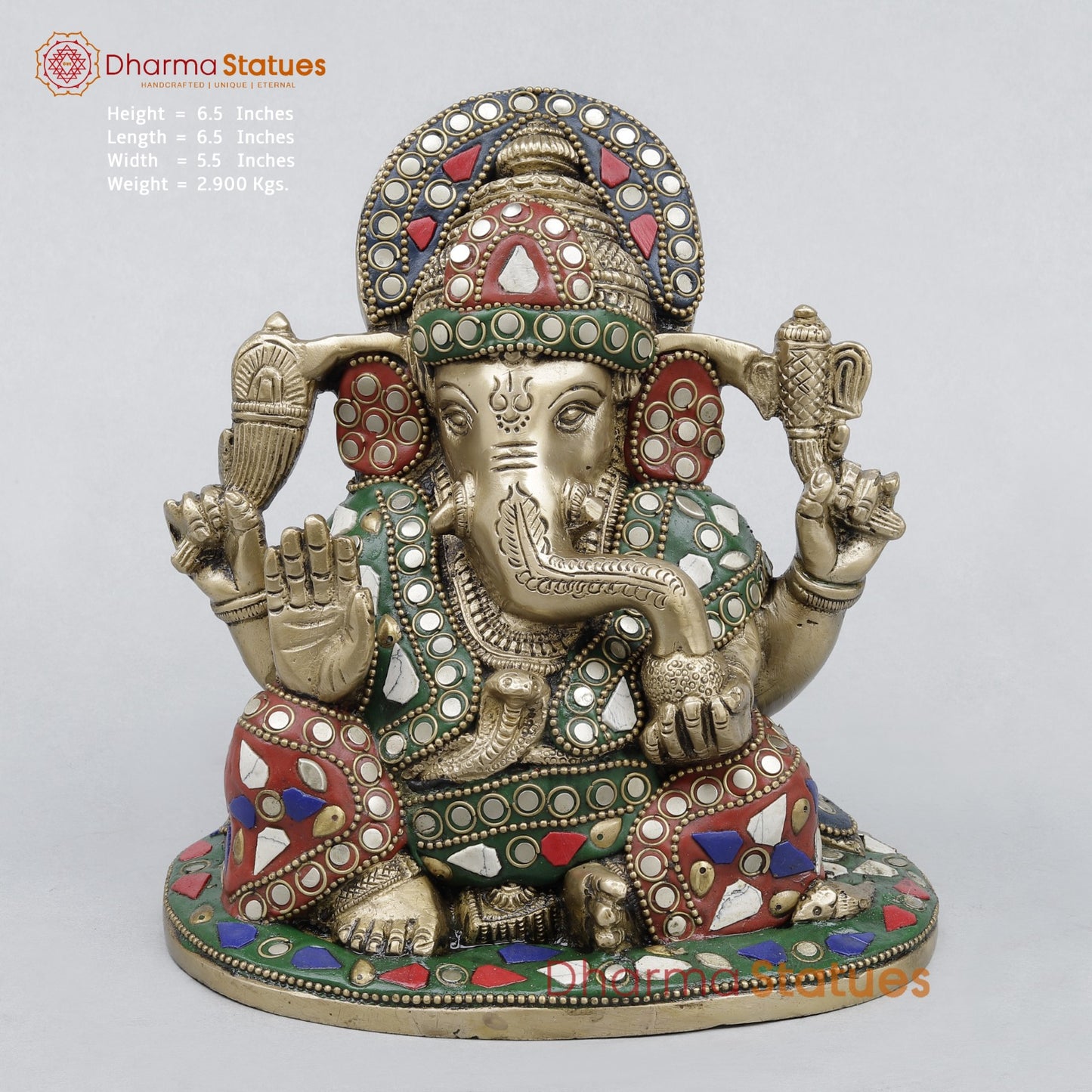Brass Ganesh Seated Fine, Stone Work 6.5”