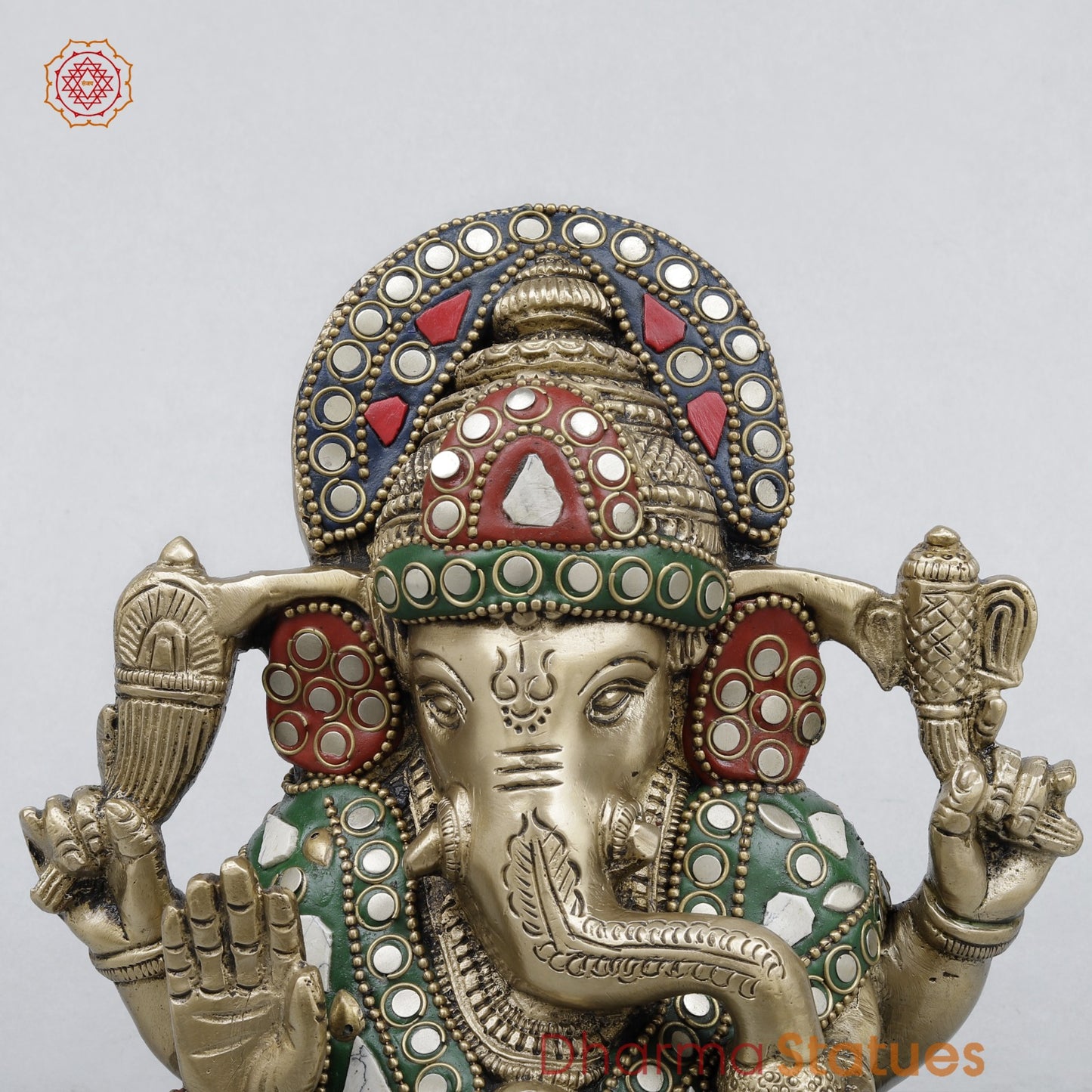 Brass Ganesh Seated Fine, Stone Work 6.5”