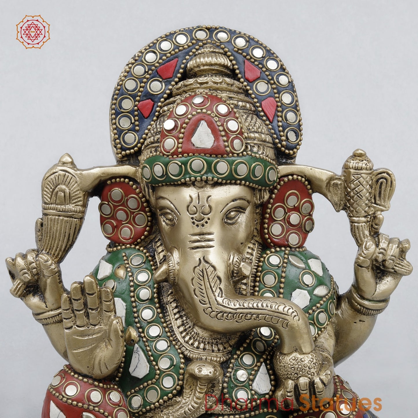Brass Ganesh Seated Fine, Stone Work 6.5”