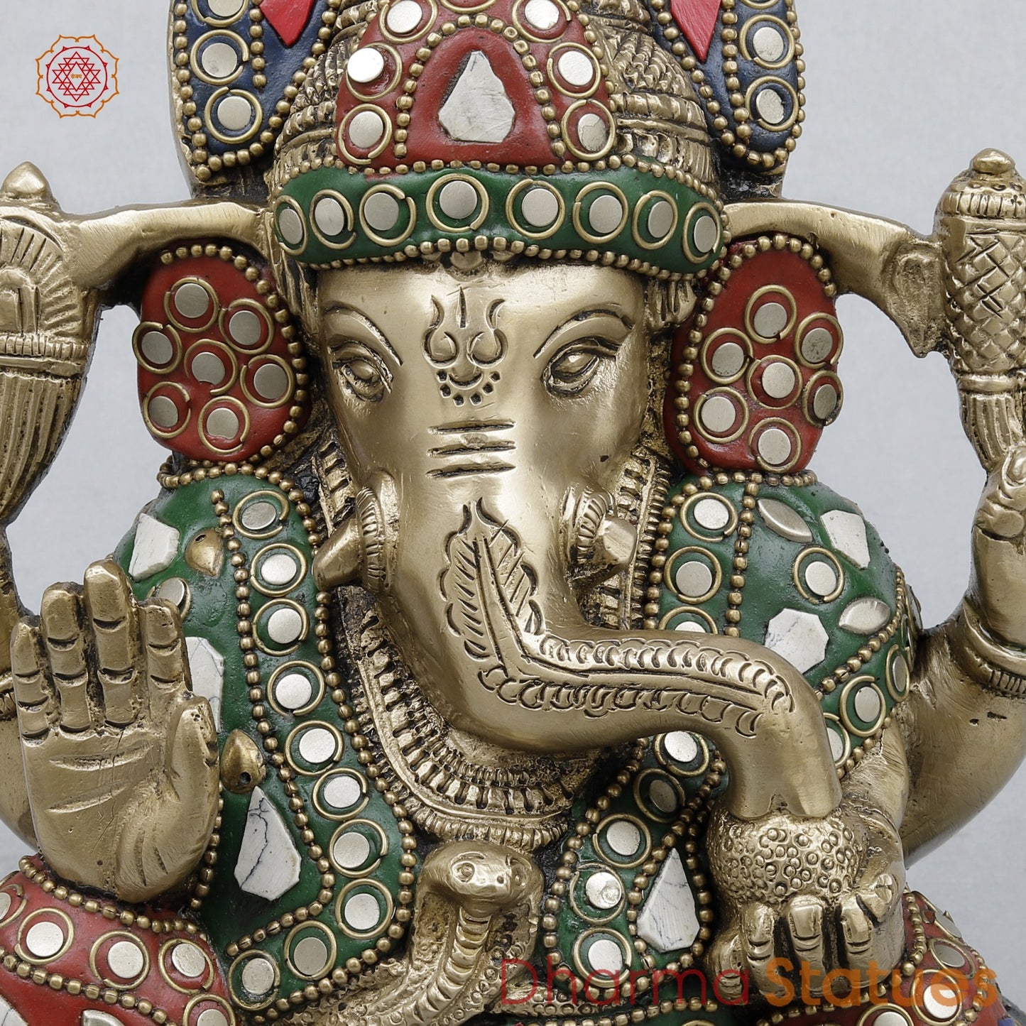 Brass Ganesh Seated Fine, Stone Work 6.5”