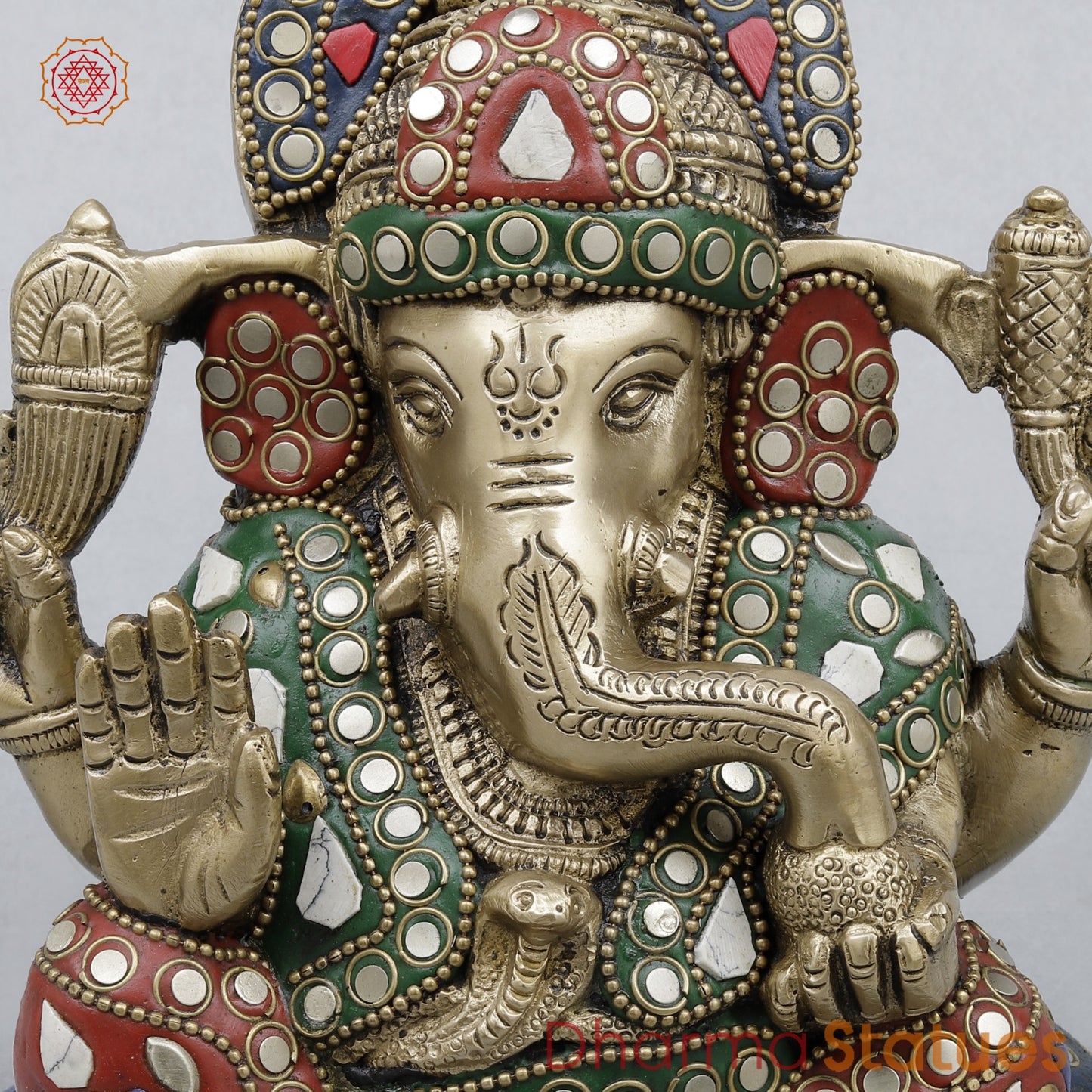 Brass Ganesh Seated Fine, Stone Work 6.5”