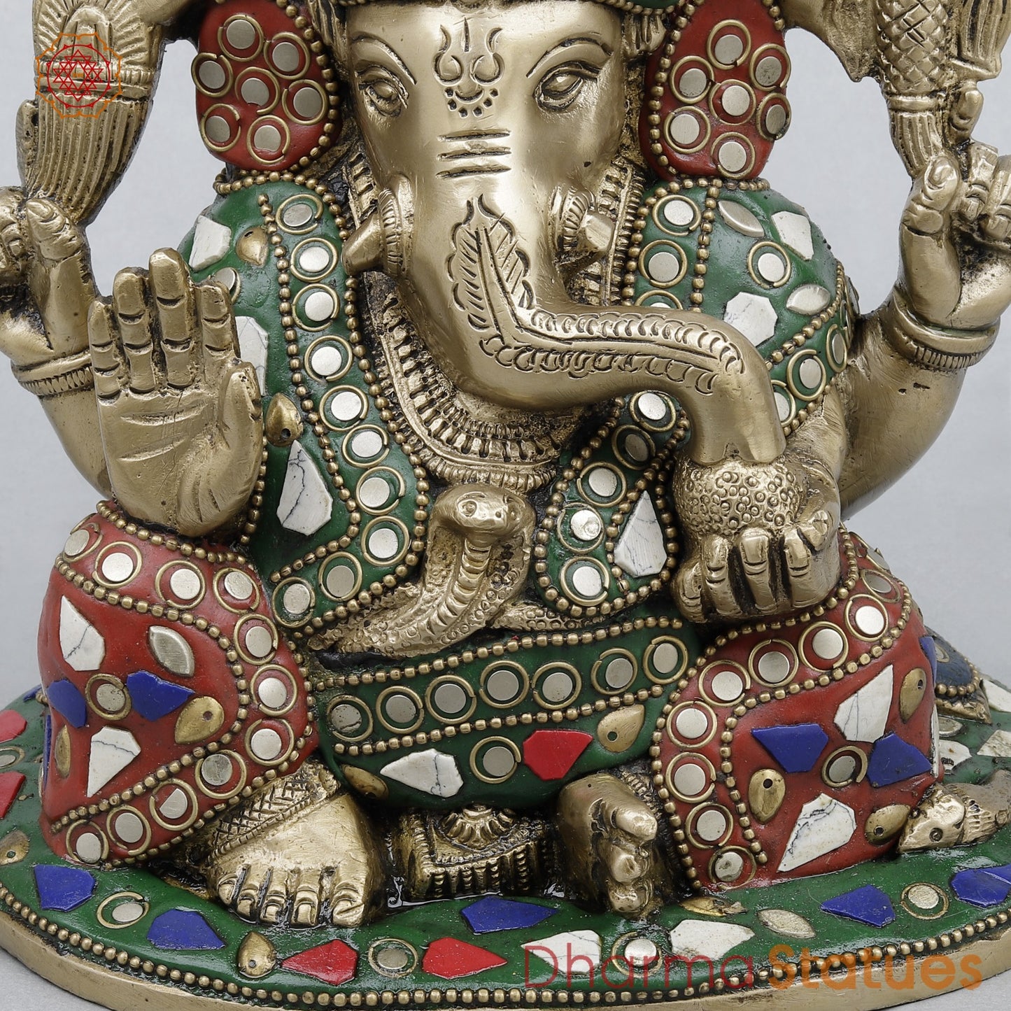 Brass Ganesh Seated Fine, Stone Work 6.5”