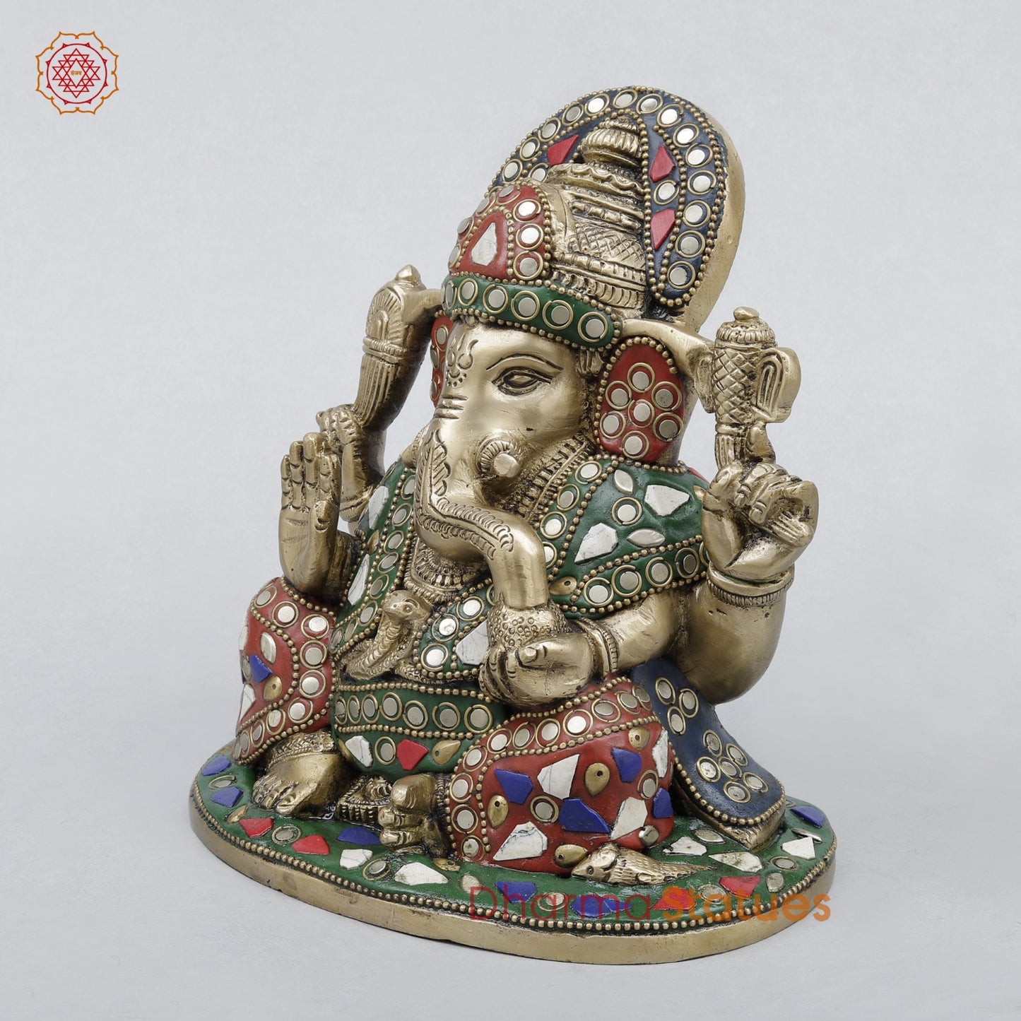 Brass Ganesh Seated Fine, Stone Work 6.5”
