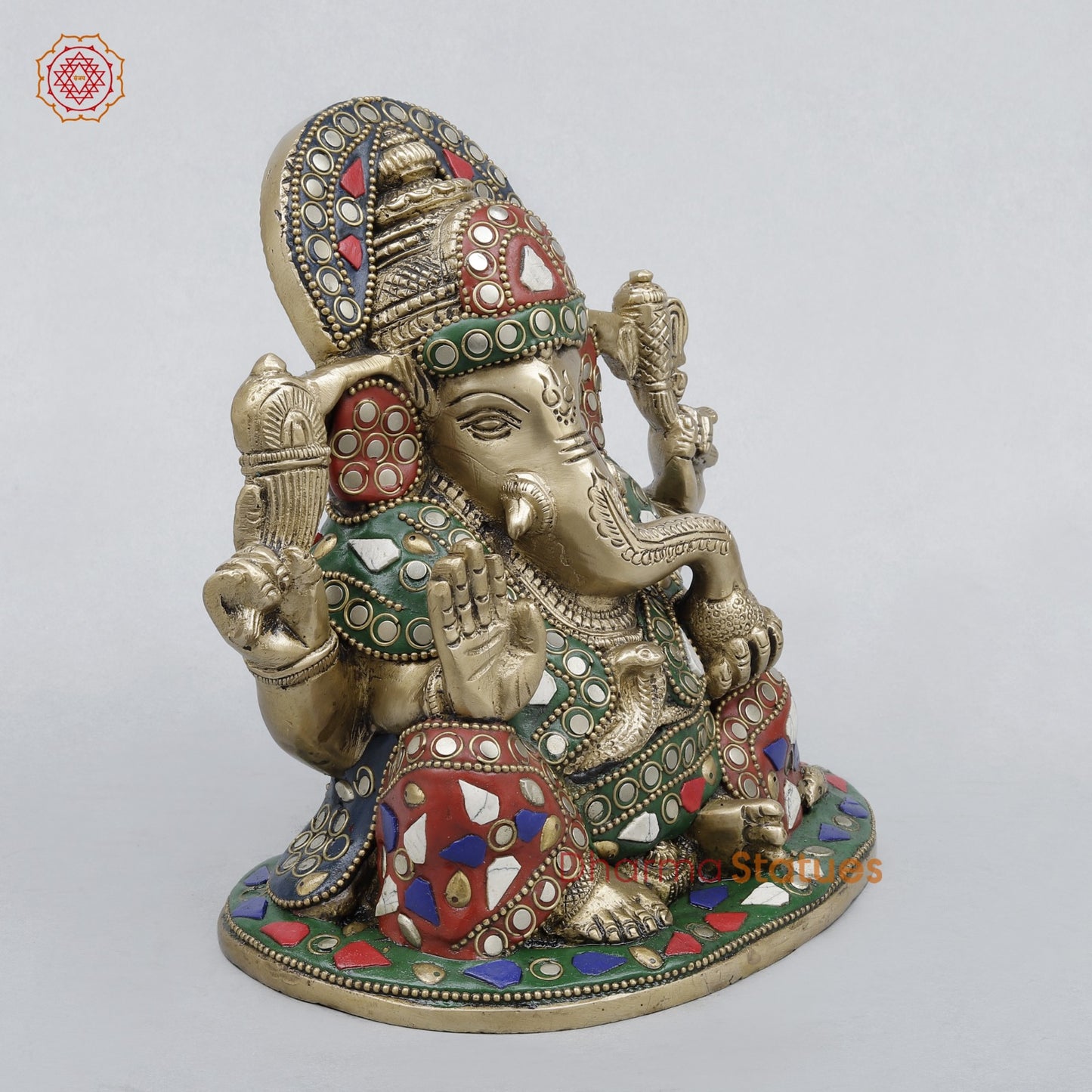 Brass Ganesh Seated Fine, Stone Work 6.5”