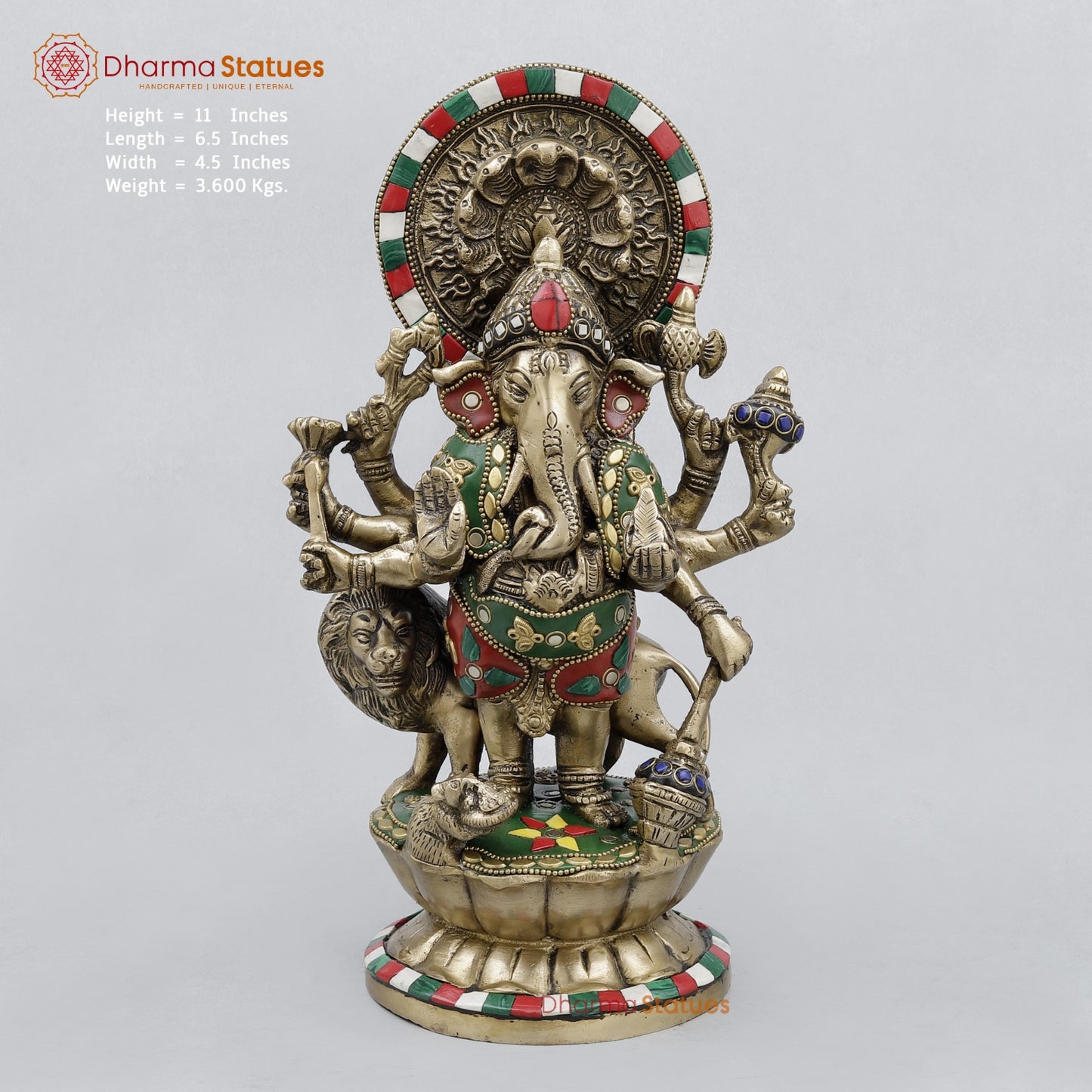 Brass Raksha Ganesh Fine, Stone work 11”