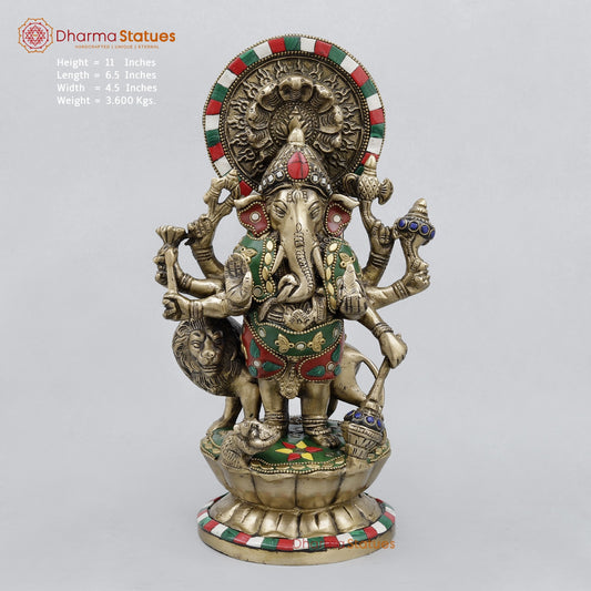 Brass Raksha Ganesh Fine, Stone work 11”