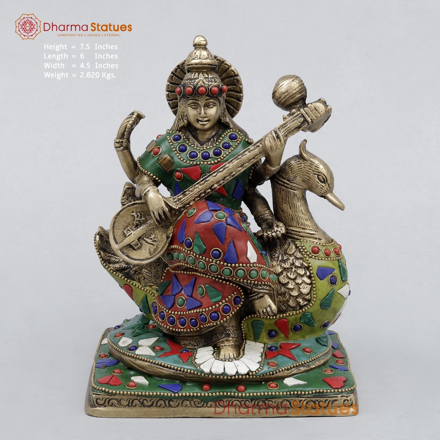 Brass Saraswati Seated On swan, Stone work 7.5”