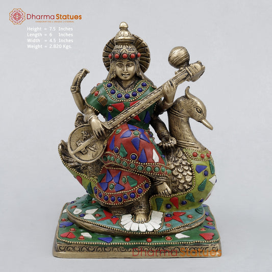 Brass Saraswati Seated On swan, Stone work 7.5”