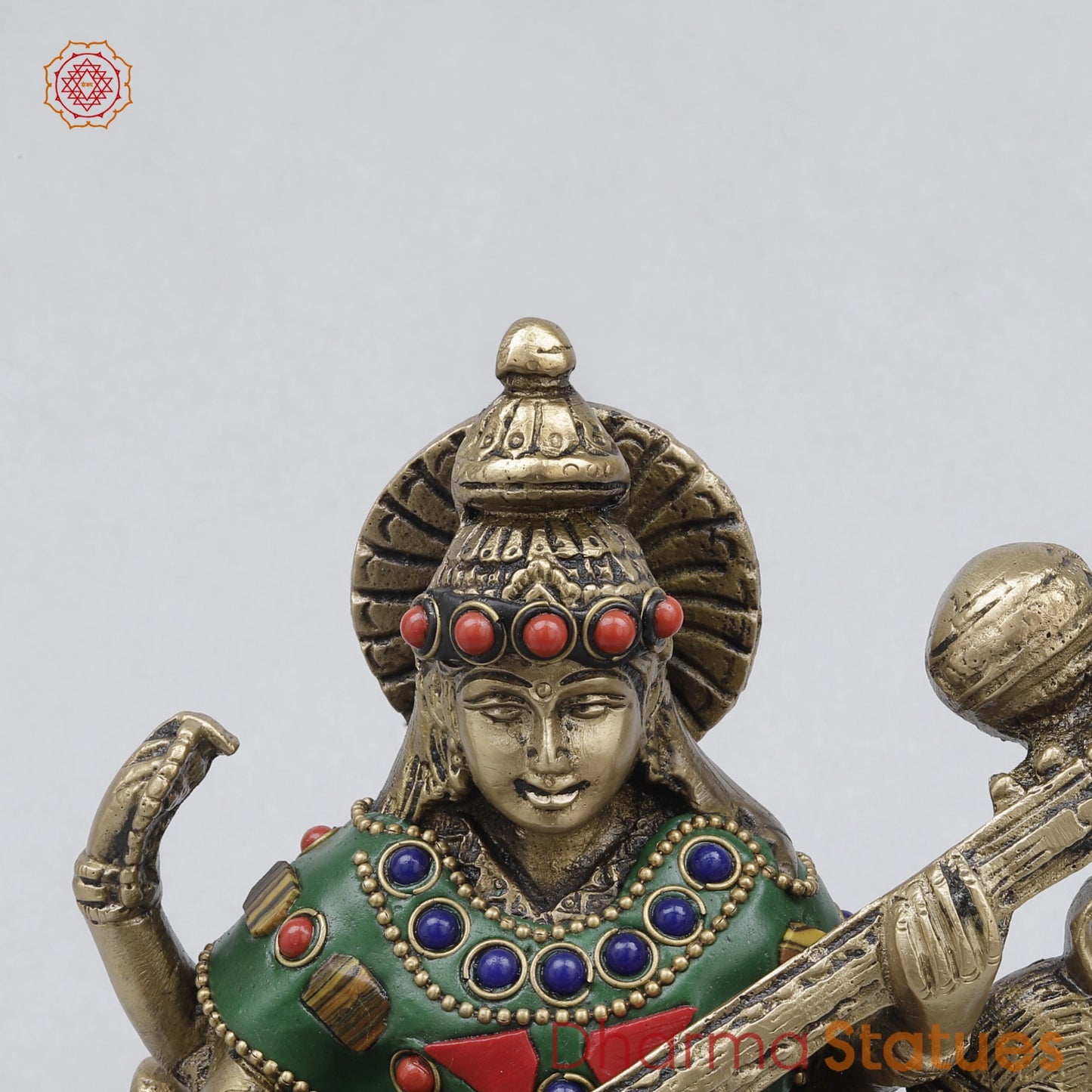 Brass Saraswati Seated On swan, Stone work 7.5”