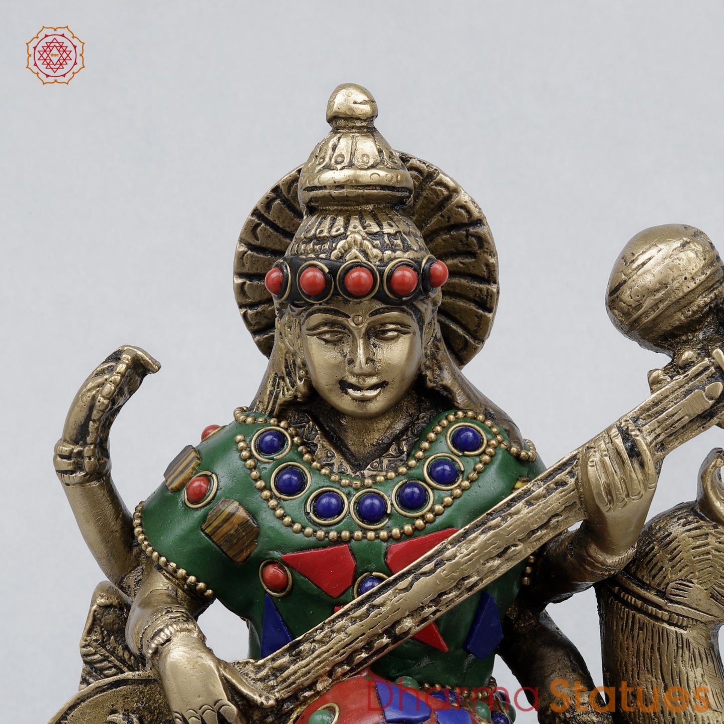 Brass Saraswati Seated On swan, Stone work 7.5”