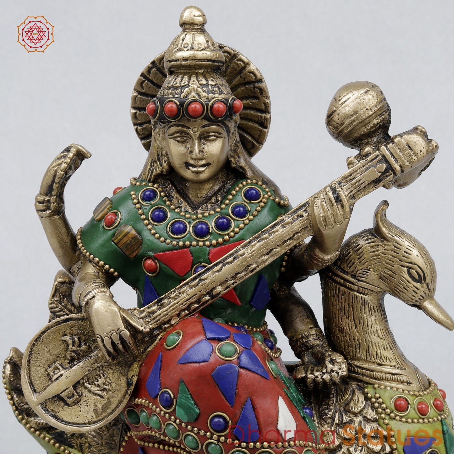 Brass Saraswati Seated On swan, Stone work 7.5”