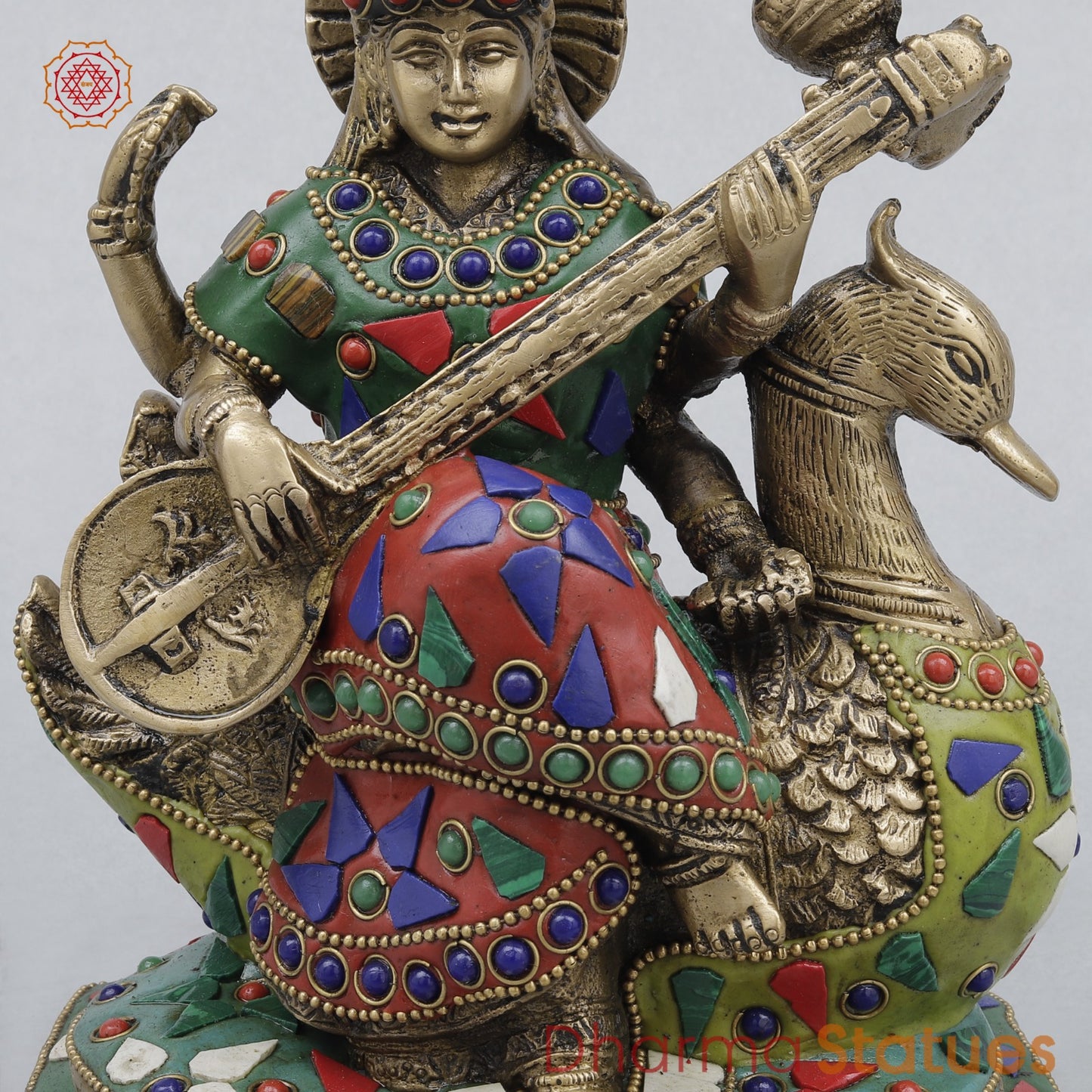 Brass Saraswati Seated On swan, Stone work 7.5”
