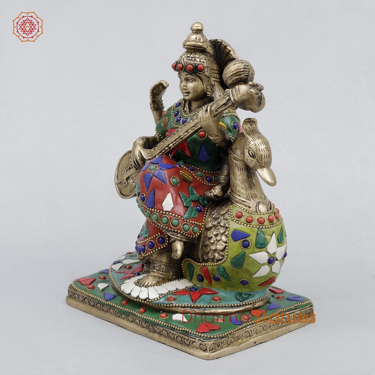 Brass Saraswati Seated On swan, Stone work 7.5”