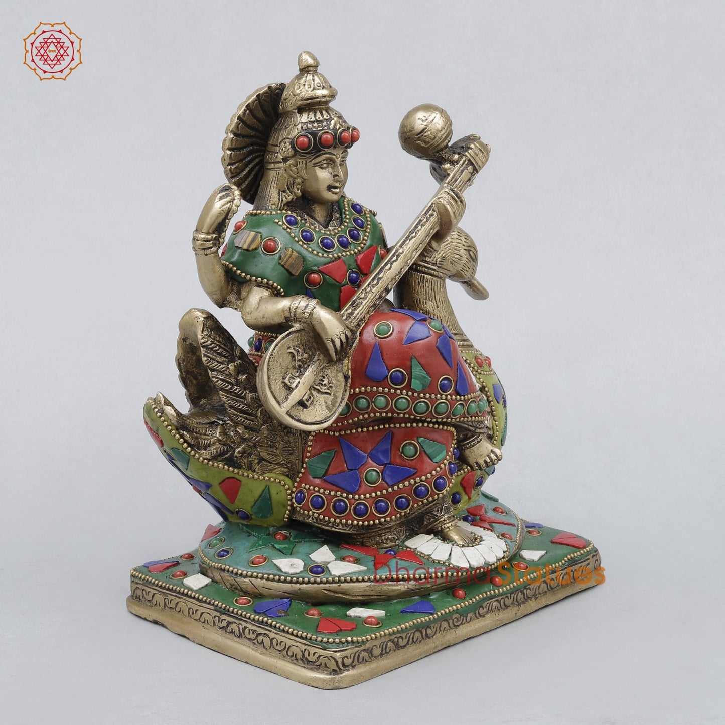 Brass Saraswati Seated On swan, Stone work 7.5”