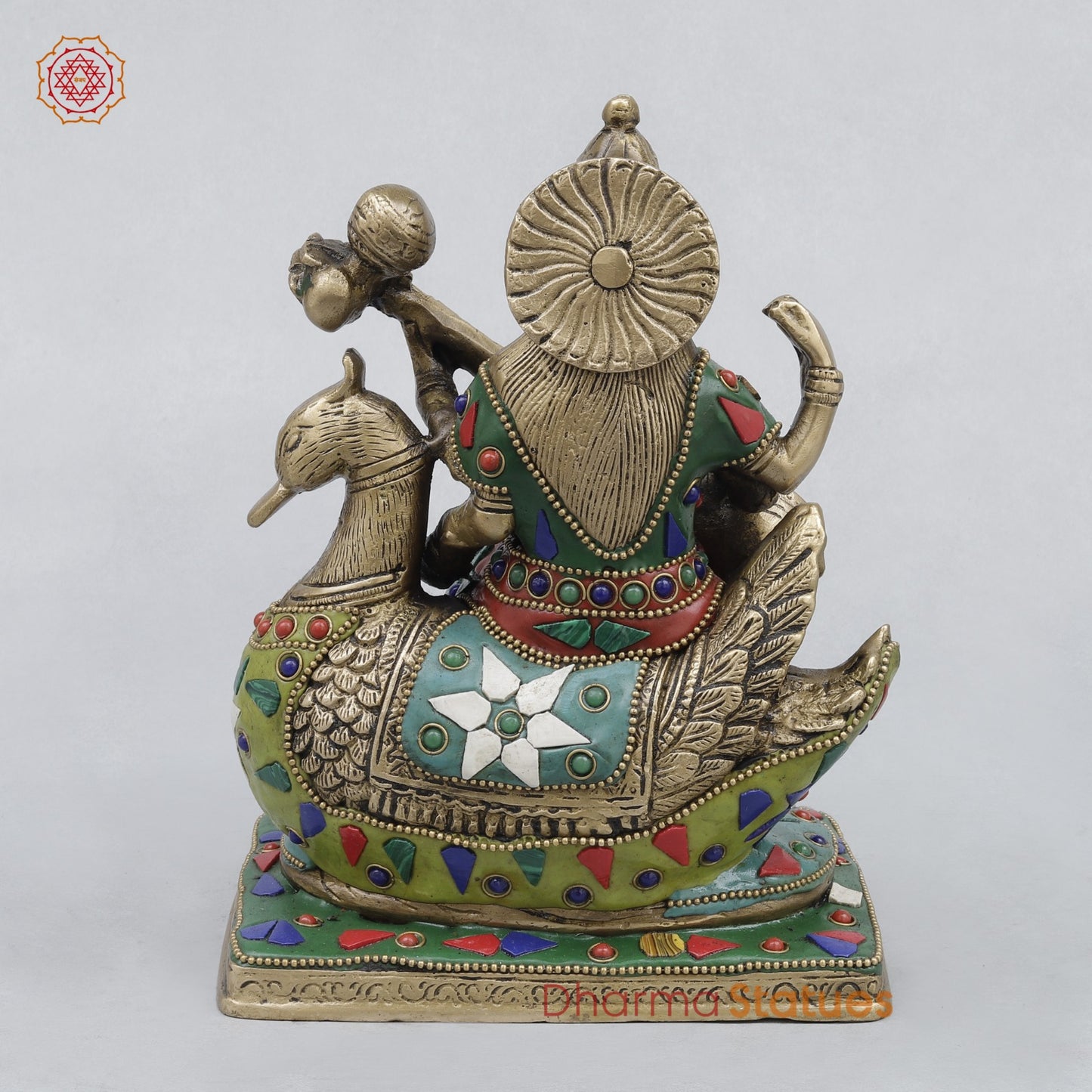 Brass Saraswati Seated On swan, Stone work 7.5”