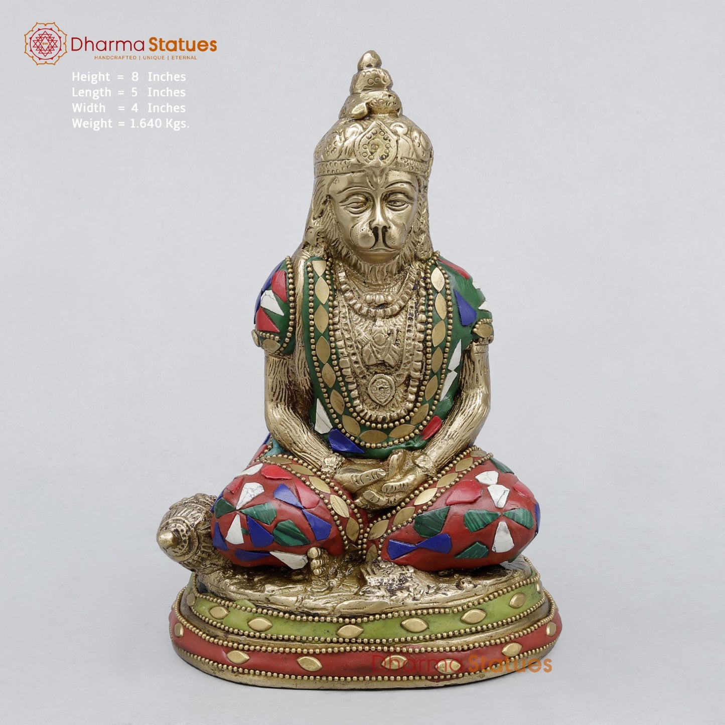 Brass Hanuman Seated in Dhyan Mudra, Stone work 8”