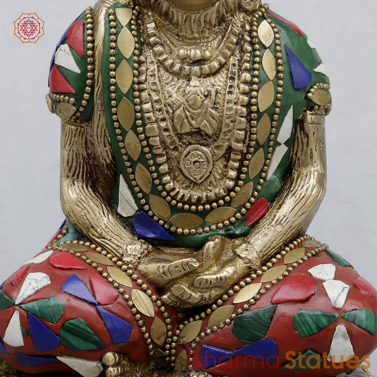 Brass Hanuman Seated in Dhyan Mudra, Stone work 8”