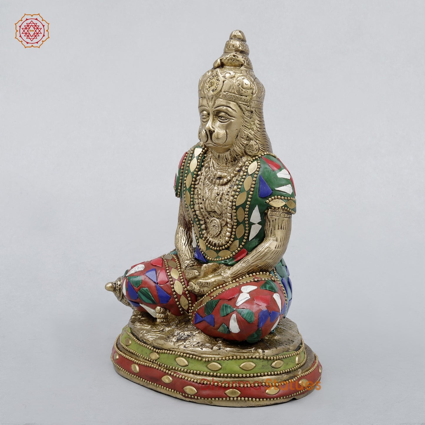 Brass Hanuman Seated in Dhyan Mudra, Stone work 8”