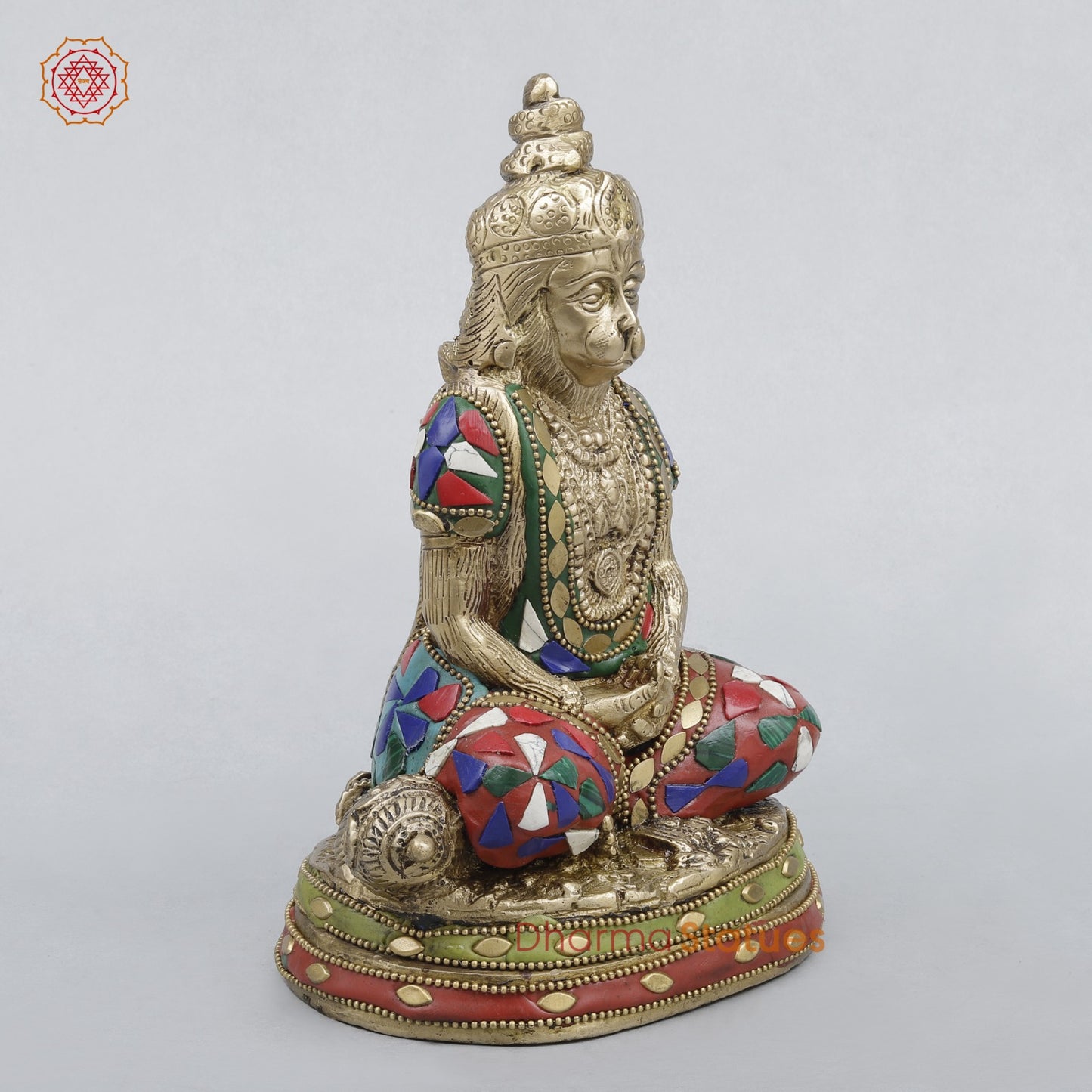 Brass Hanuman Seated in Dhyan Mudra, Stone work 8”