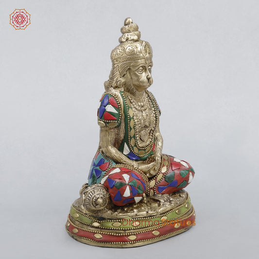 Brass Hanuman Seated in Dhyan Mudra, Stone work 8”
