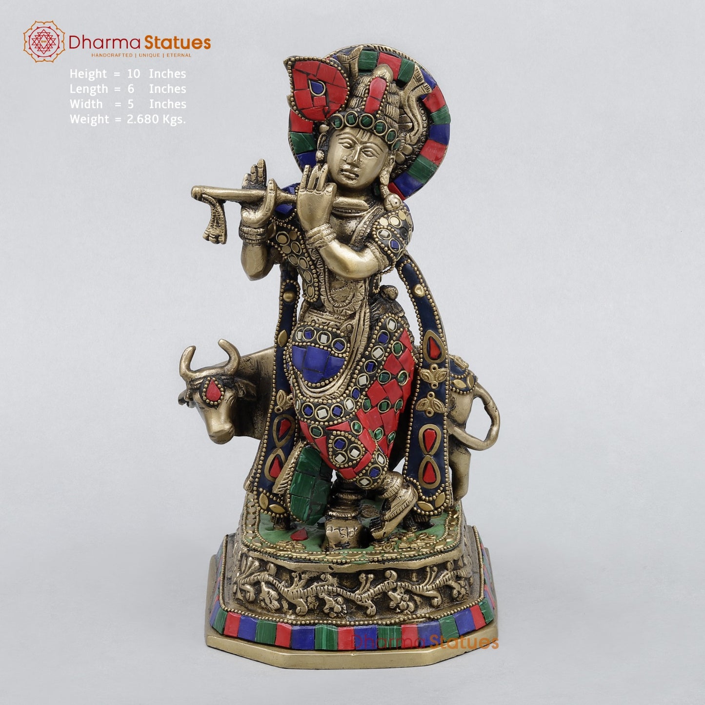 Brass Cow Krishna Fine, Stone work 10”