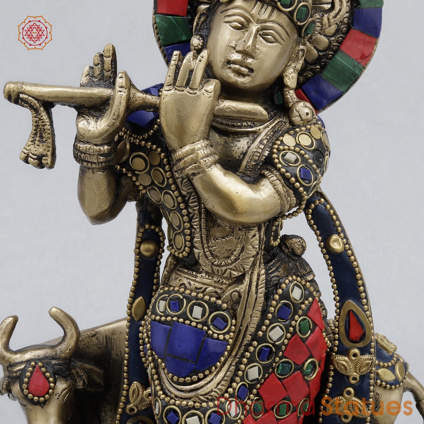 Brass Cow Krishna Fine, Stone work 10”