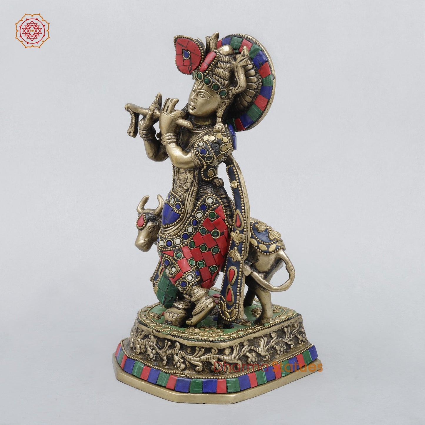 Brass Cow Krishna Fine, Stone work 10”