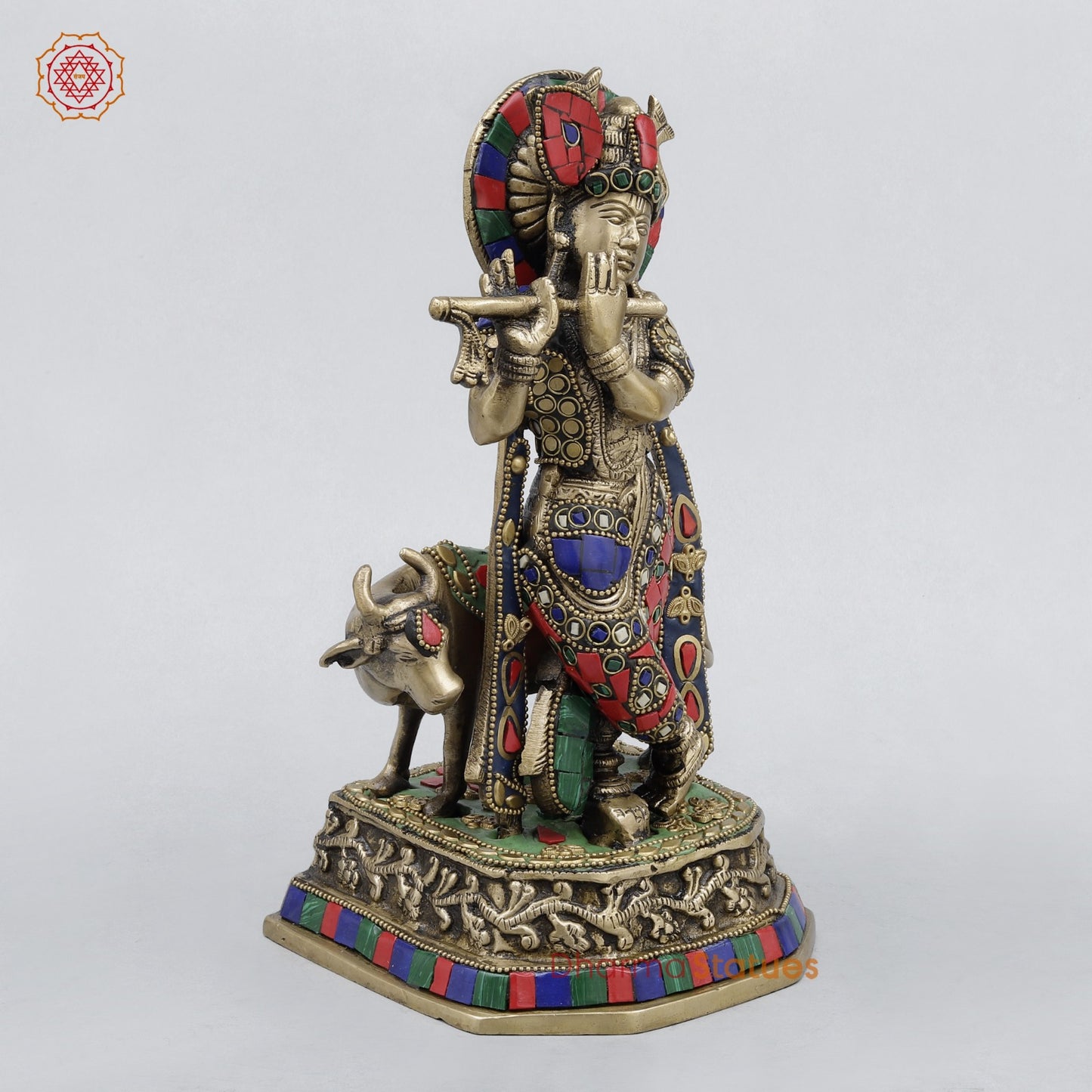 Brass Cow Krishna Fine, Stone work 10”